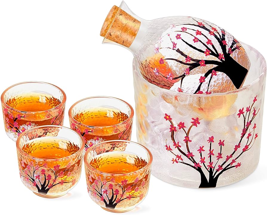 日本製 5点セット 酒器セット 緑色と桜の花模様 - 3