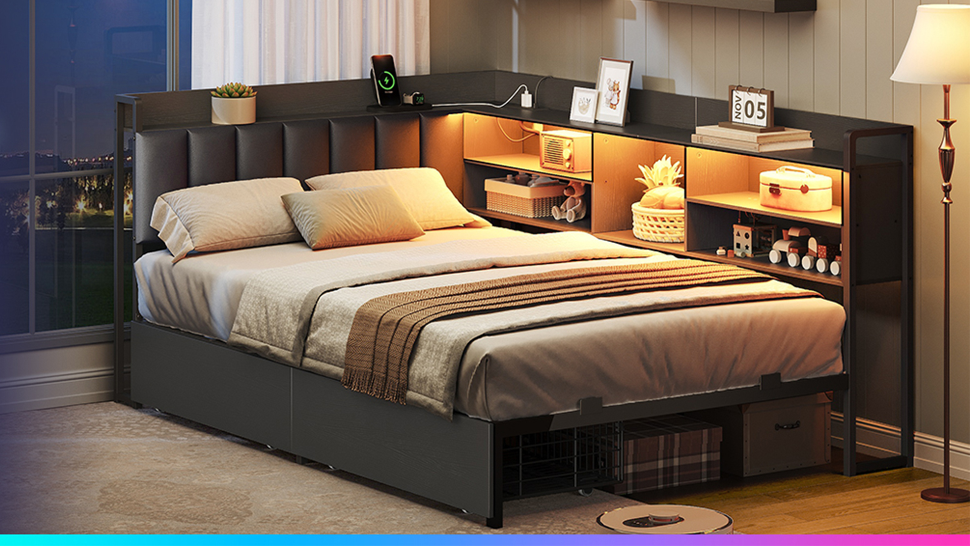 RALGEND コーナーベッドフレーム 書棚付き PUレザー張り - 2