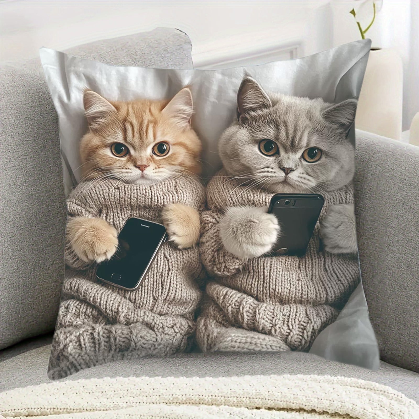 SIYTUAU 猫と携帯電話プリントの枕カバー 17.7×17.7インチ デザインB フロック素材 ソファ・ベッド・リビングルームの装飾用クッションカバー