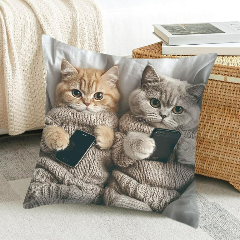 SIYTUAU 猫と携帯電話プリントの枕カバー 17.7×17.7インチ デザインB フロック素材 ソファ・ベッド・リビングルームの装飾用クッションカバー - 3