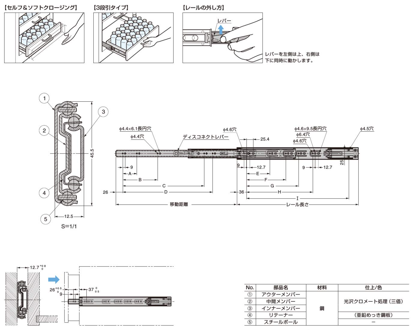 スガツネ工業 4670-350 スライドレール セルフ＆ソフトクロージング機構付 - 3